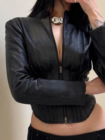 BUYCO Female Faux Leather Corset Zipper Jacket