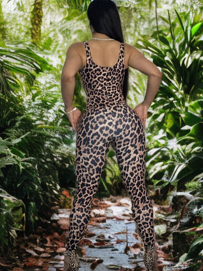 BUYCO Female Leopard Print U Collar Jumpsuit