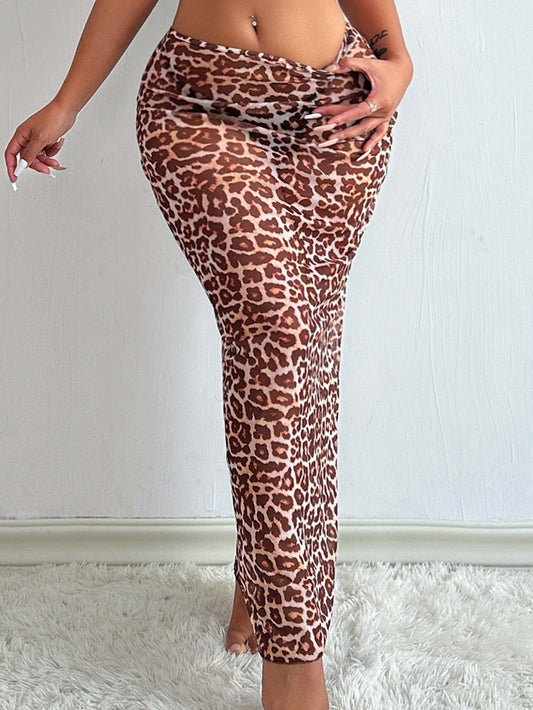 BUYCO Female Fitted Sheer Mesh Leopard Print Without Bikini Set Swimwear Cover Dress