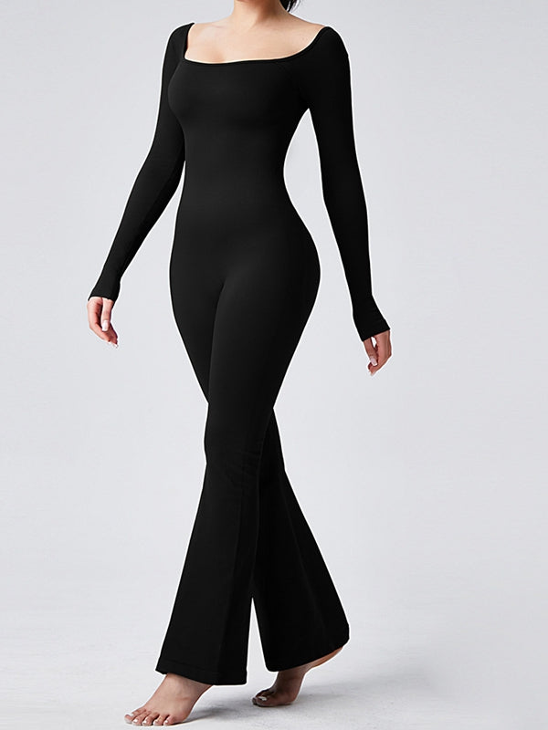 BUYCO Female Ribbed U Collar Flare Jumpsuit
