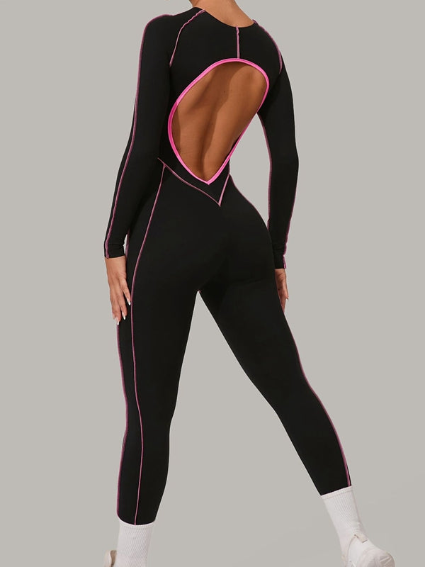 BUYCO Female Fitted Backless Contrast Color Stripes Jumpsuit
