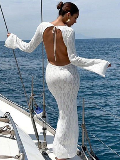 BUYCO Female Fitted Backless Fishnet Swimwear Cover Without Bikini Set Long Dress