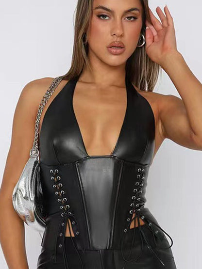 BUYCO Female Faux Leather Lace-up Tank