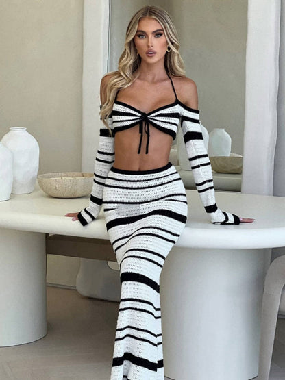 BUYCO Female Fitted Fishnet Stripes 2-Pieces Cover-up Without Bikini