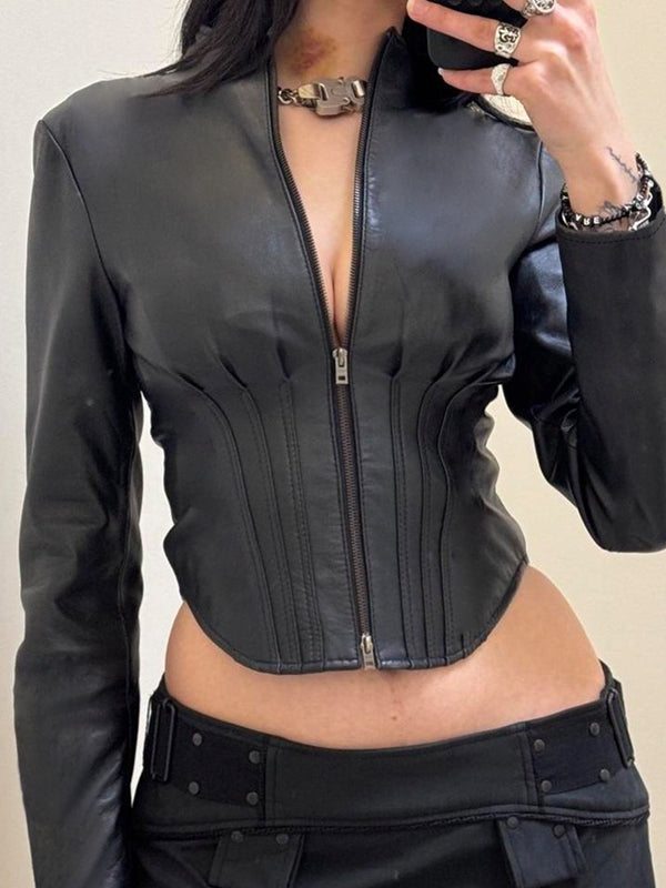 BUYCO Female Faux Leather Corset Zipper Jacket