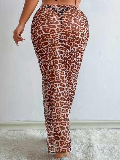 BUYCO Female Fitted Sheer Mesh Leopard Print Without Bikini Set Swimwear Cover Dress
