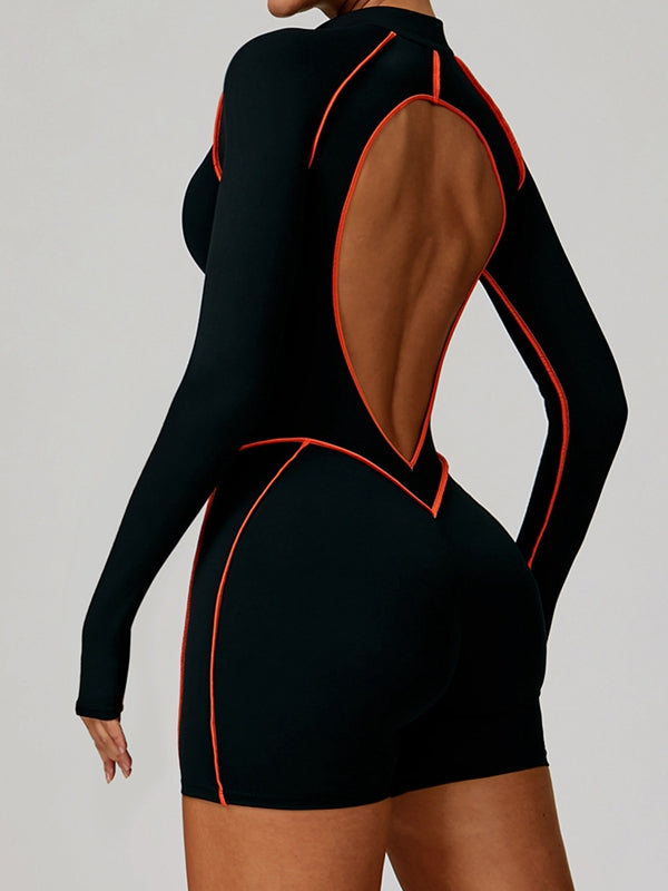 BUYCO Female Fitted Backless Zipper Contrast Color Stripes Stitch Performance Romper