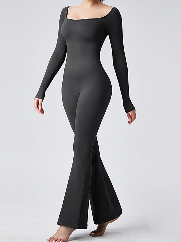 BUYCO Female Ribbed U Collar Flare Jumpsuit