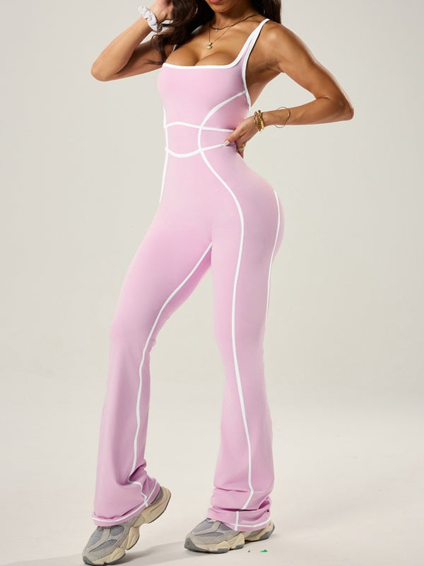 BUYCO Female Fitted Contrast Color Stripes Cross Back Flare Jumpsuit