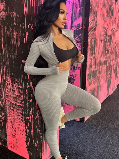 BUYCO Female Ribbed Zipper Fitness Tracksuit