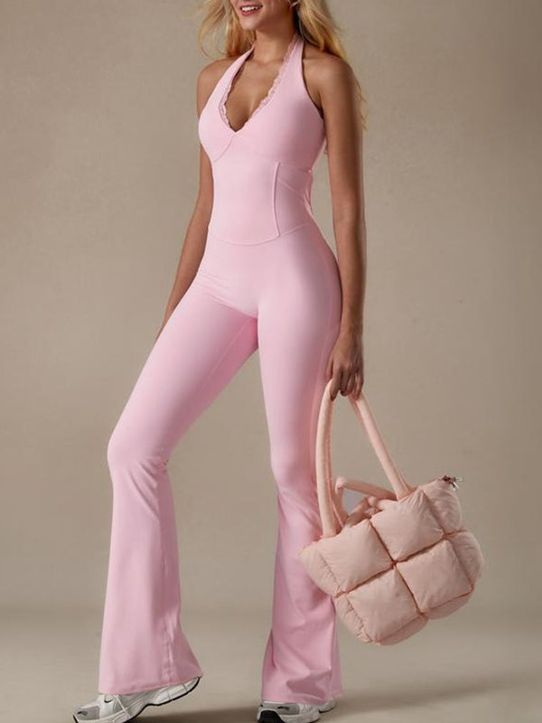 BUYCO Female Fitted Backless Deep V Collar Flare Jumpsuit