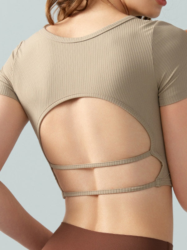 BUYCO Female Fitted Backless Ribbed Cropped Short Sleeves