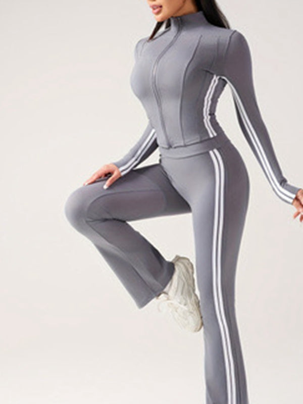 BUYCO Female Contrast Color Stripes Zipper High-rise Flare Tracksuit