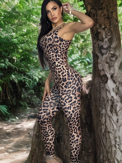 BUYCO Female Leopard Print U Collar Jumpsuit