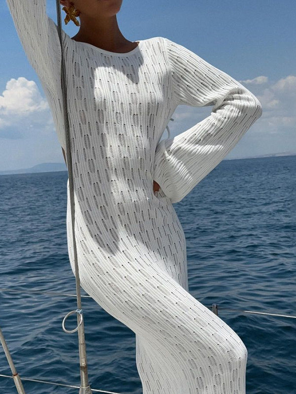 BUYCO Female Fitted Backless Fishnet Swimwear Cover Without Bikini Set Long Dress