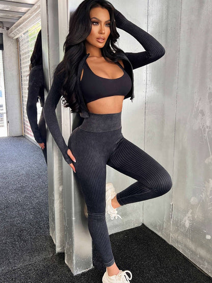 BUYCO Female Ribbed Zipper Fitness Tracksuit