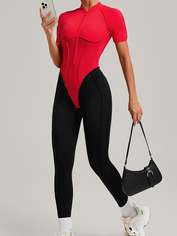BUYCO Female Contrast Color Backless Stitch Zipper Jumpsuit