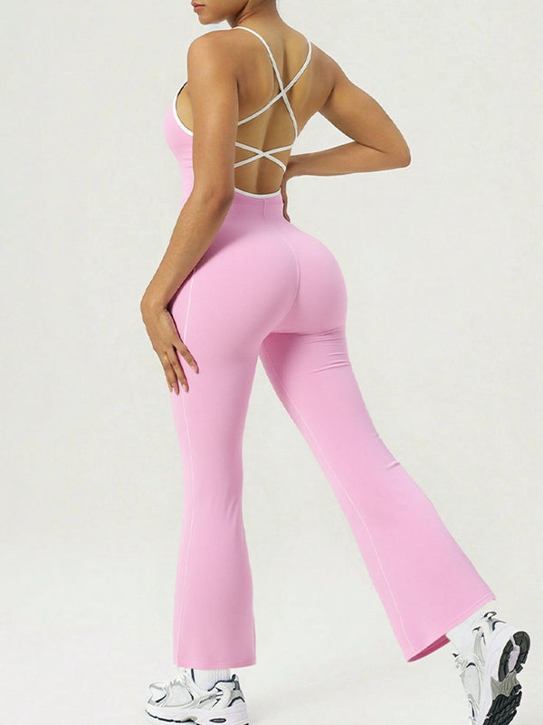 BUYCO Female Fitted Contrast Color Stripes Cross Back Flare Jumpsuit