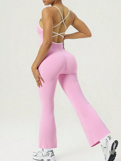 BUYCO Female Fitted Contrast Color Stripes Cross Back Flare Jumpsuit