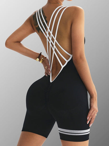 BUYCO Female Contrast Color Stripes Cross Back Deep V Back Ruched Back Short Romper