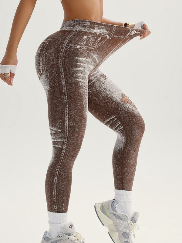BUYCO Female Denim Pocket Hollow Out Leggings