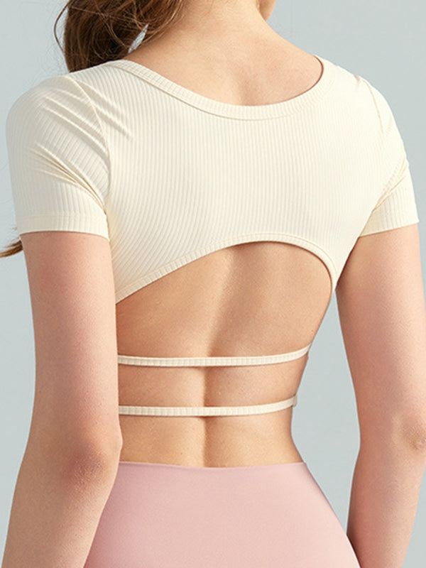 BUYCO Female Fitted Backless Ribbed Cropped Short Sleeves