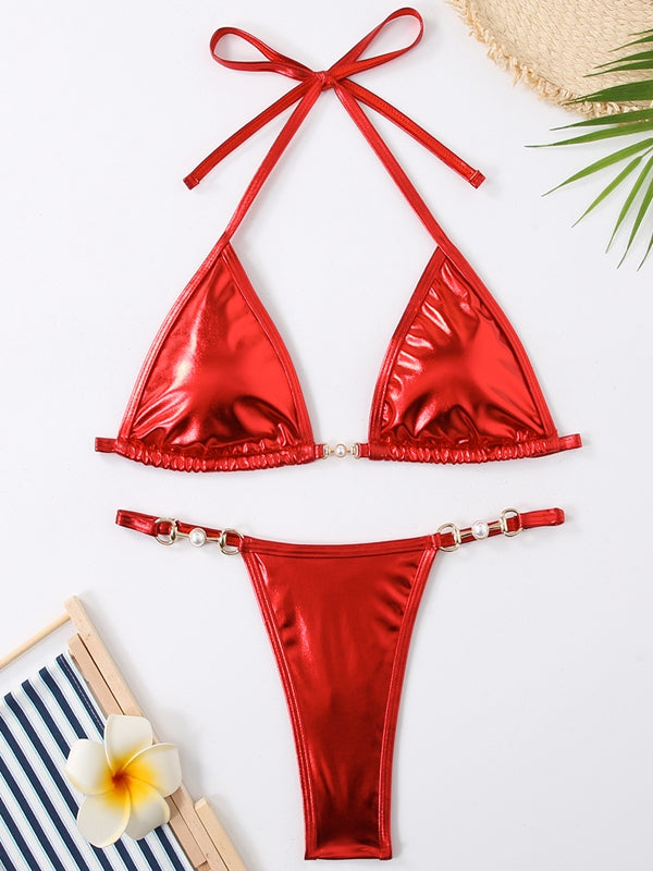 BUYCO Female Fitted Glossy PU Bikini Set