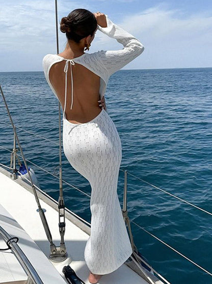 BUYCO Female Fitted Backless Fishnet Swimwear Cover Without Bikini Set Long Dress