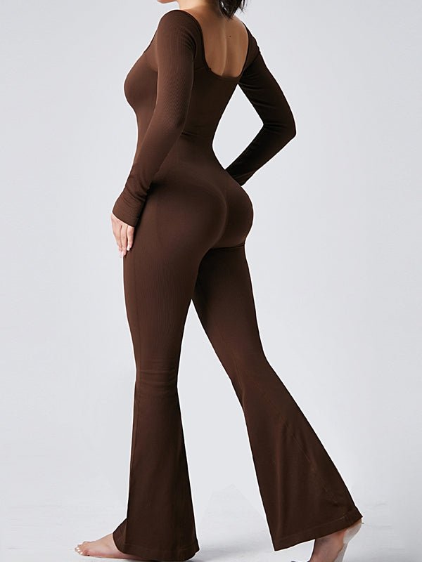 BUYCO Female Ribbed U Collar Flare Jumpsuit