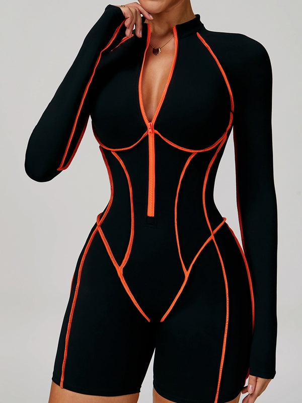 BUYCO Female Fitted Backless Zipper Contrast Color Stripes Stitch Performance Jumpsuit