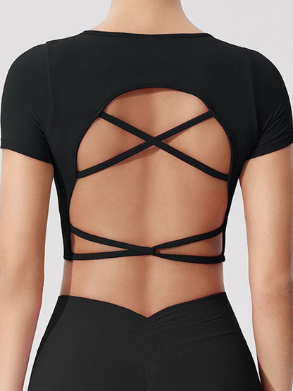 BUYCO Female Fitted Cross Back Cropped Short Sleeves