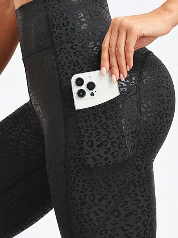 BUYCO Female Fitted Faux Leather Leopard Print Pocket Leggings