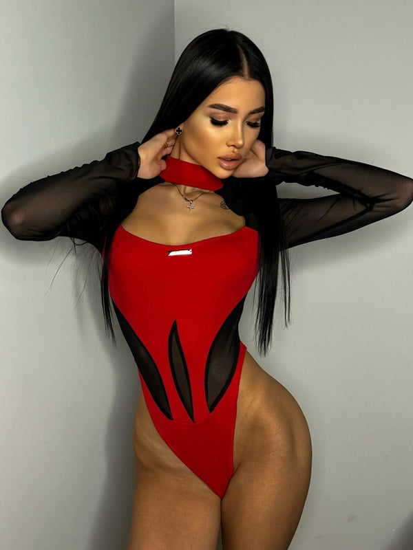 BUYCO Female Fitted Sheer Mesh Elastic Tight Bodysuit