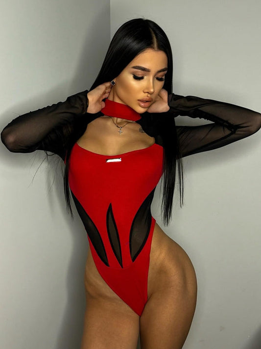 BUYCO Female Fitted Sheer Mesh Elastic Tight Bodysuit