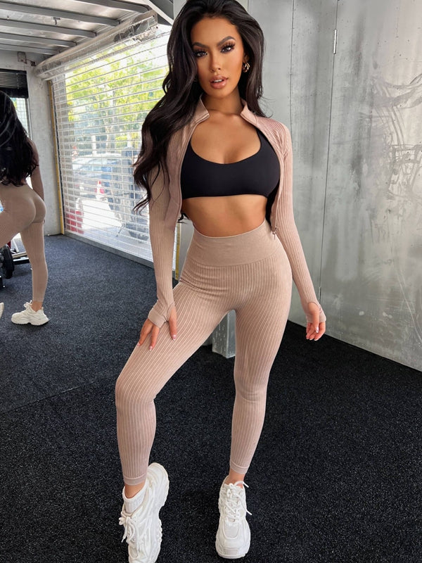 BUYCO Female Ribbed Zipper Fitness Tracksuit