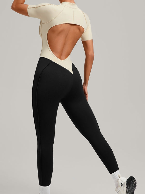 BUYCO Female Contrast Color Backless Stitch Zipper Jumpsuit