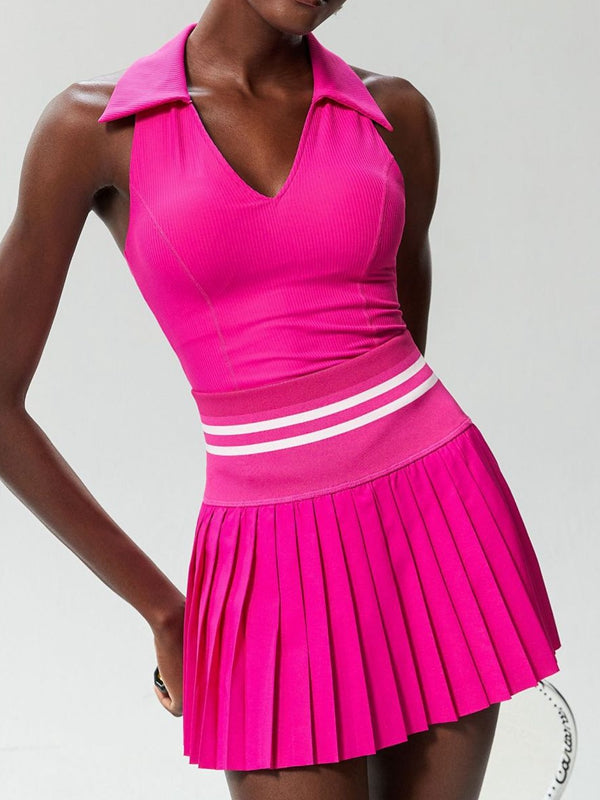 BUYCO Female V-Collar Pleated 2 In 1 Tennis Skirts Suit