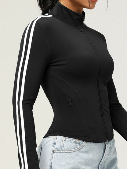 BUYCO Female Zipper Contrast Color Stripes Pocket Jacket