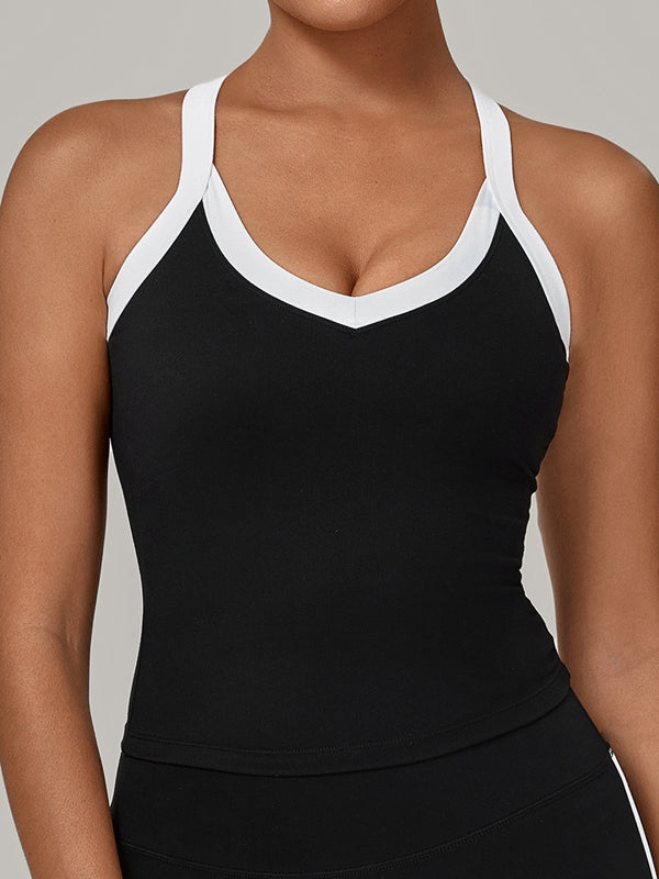 BUYCO Female Contrast Color Stripe Herat-shape Collar Tank