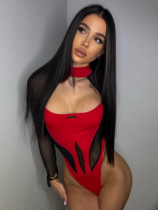 BUYCO Female Fitted Sheer Mesh Elastic Tight Bodysuit